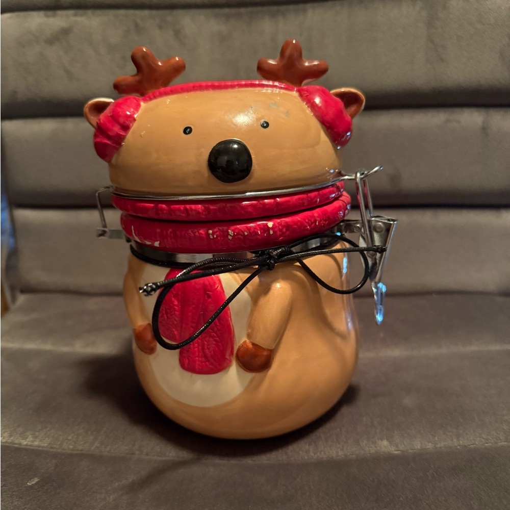 Reindeer Ceramic Cookie Jar with Red Accents